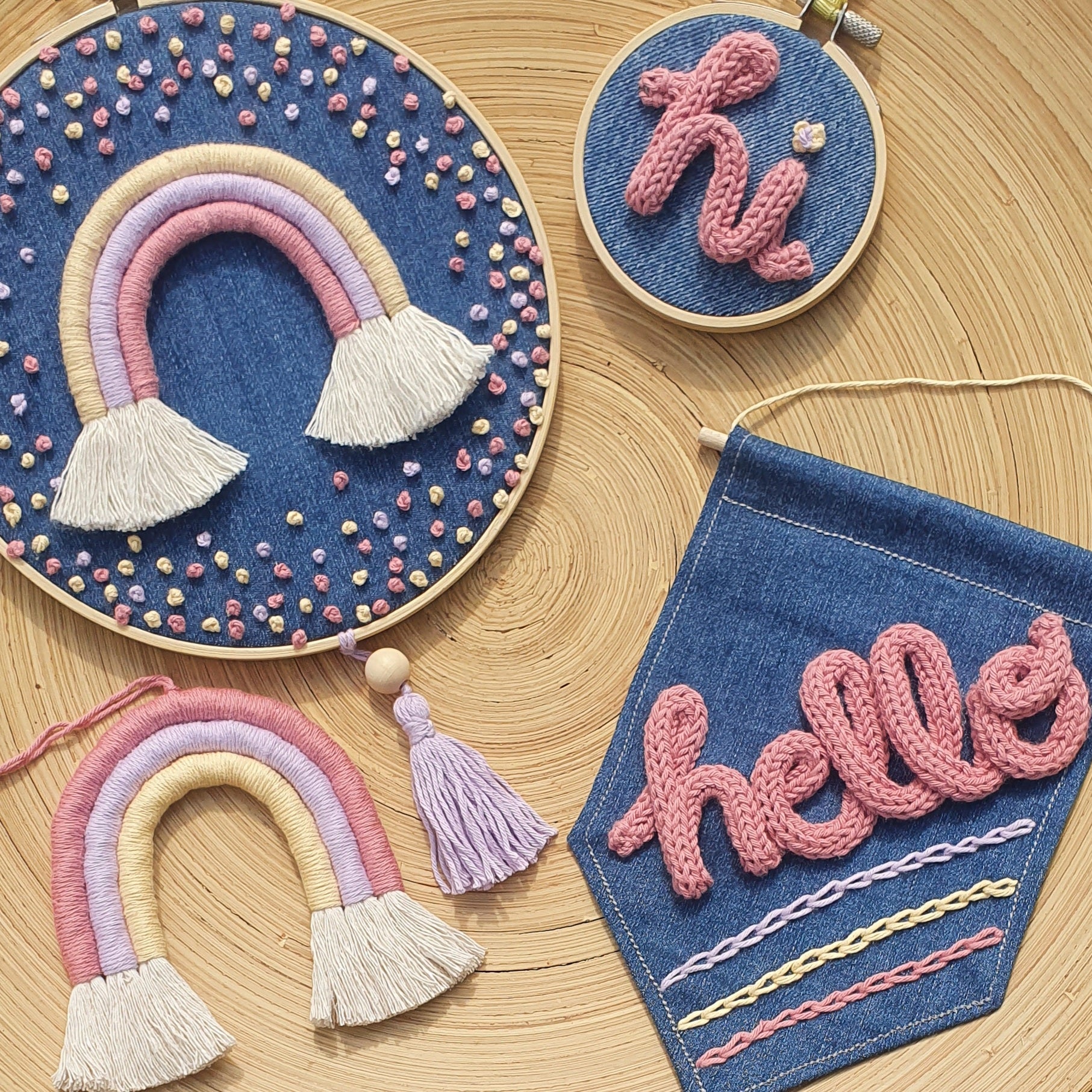 Denim Bunting Flag Banner with Miniature Knitted Word - hello