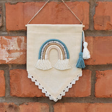 Load image into Gallery viewer, Bunting Flag Banner with Miniature Macramé Rainbow - Teal tones
